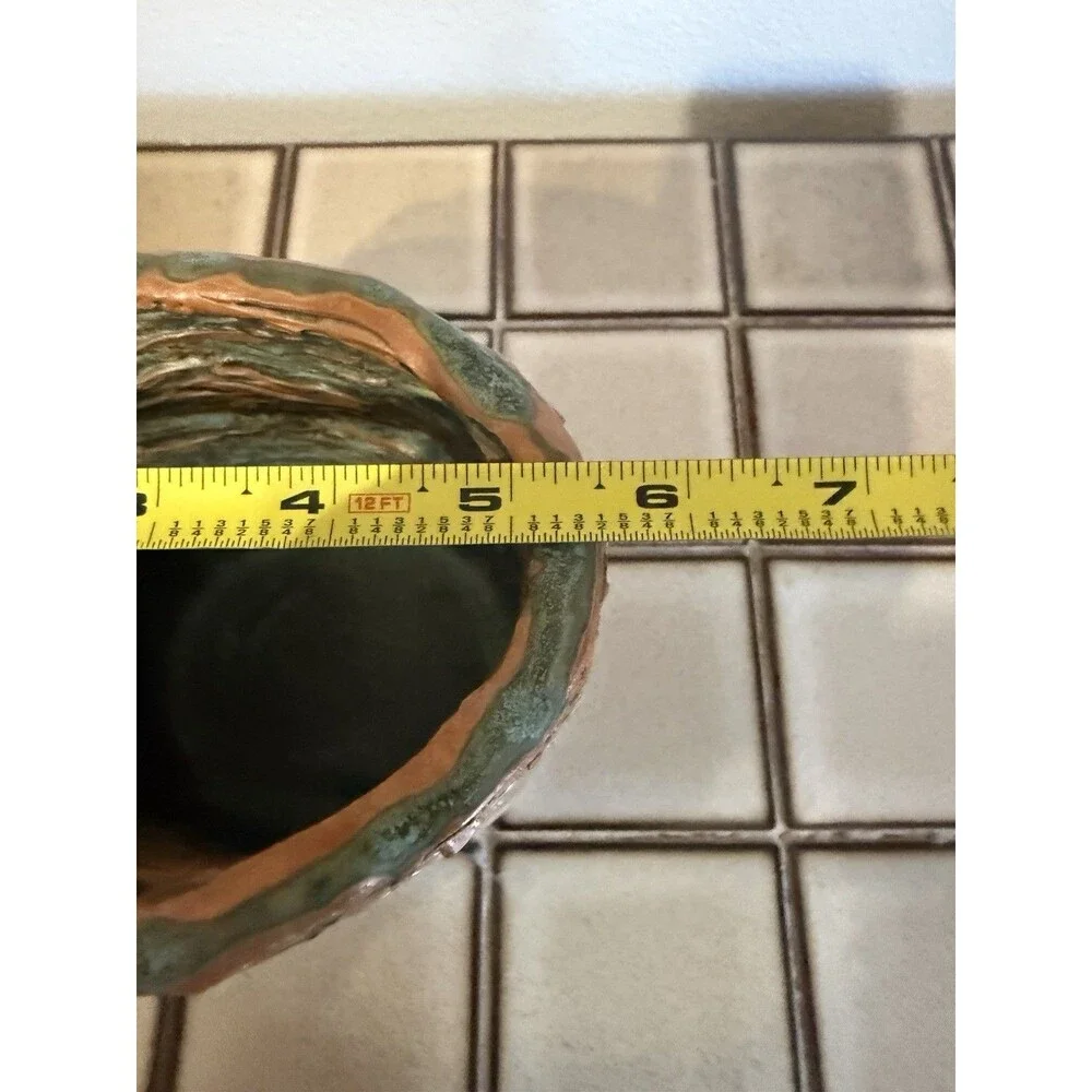 Signed JM Studio Art Pottery Vase Texture Bark Turquoise Brown Sculptural Vessel